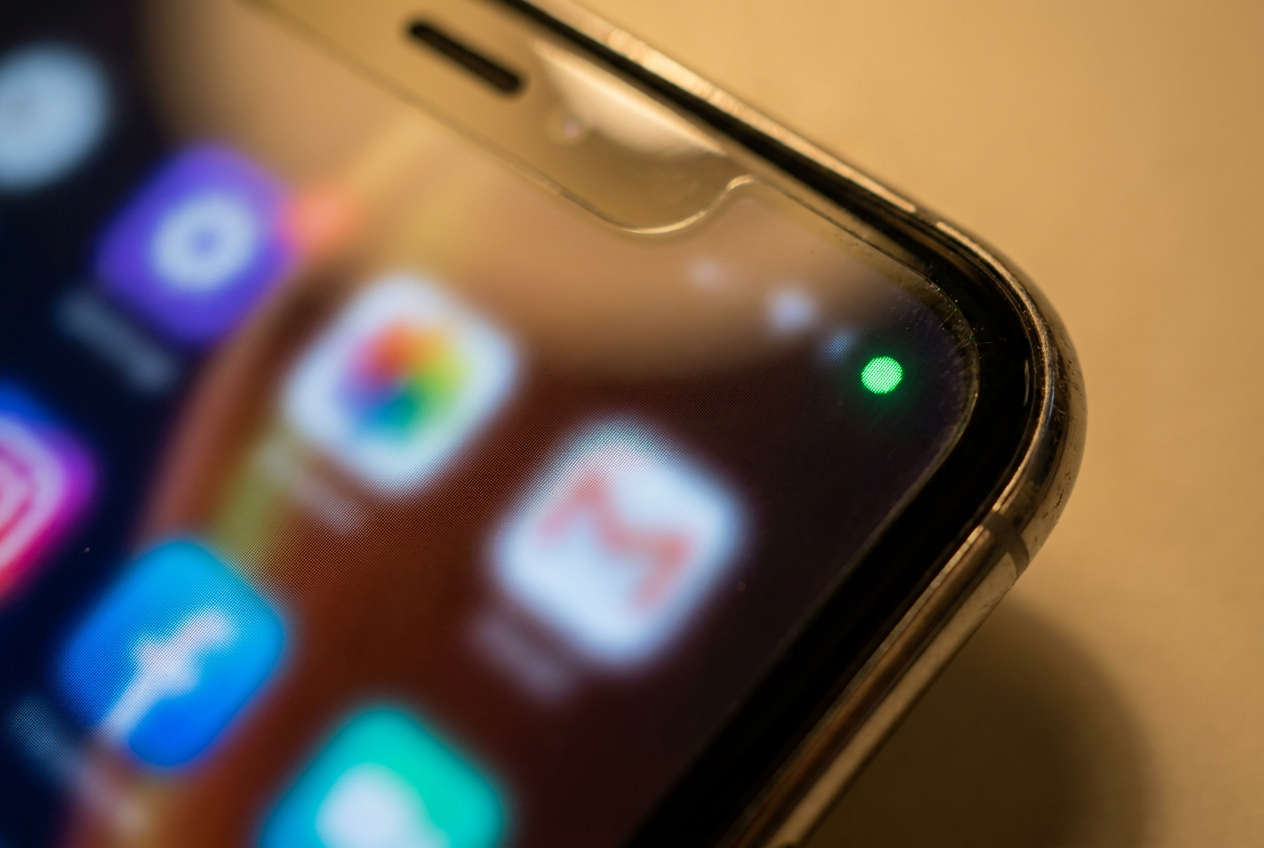 Detalle macro de la parte superior de la pantalla de un smartphone mostrando el punto verde indicador de privacidad activo.