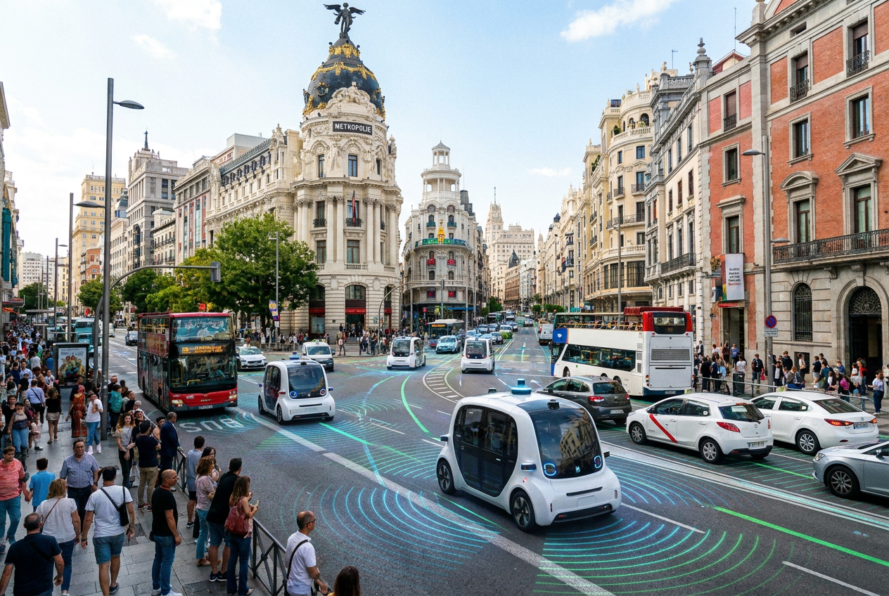Flota de vehículos autónomos integrados en el tráfico de una avenida urbana moderna, representando la transformación de la movilidad.