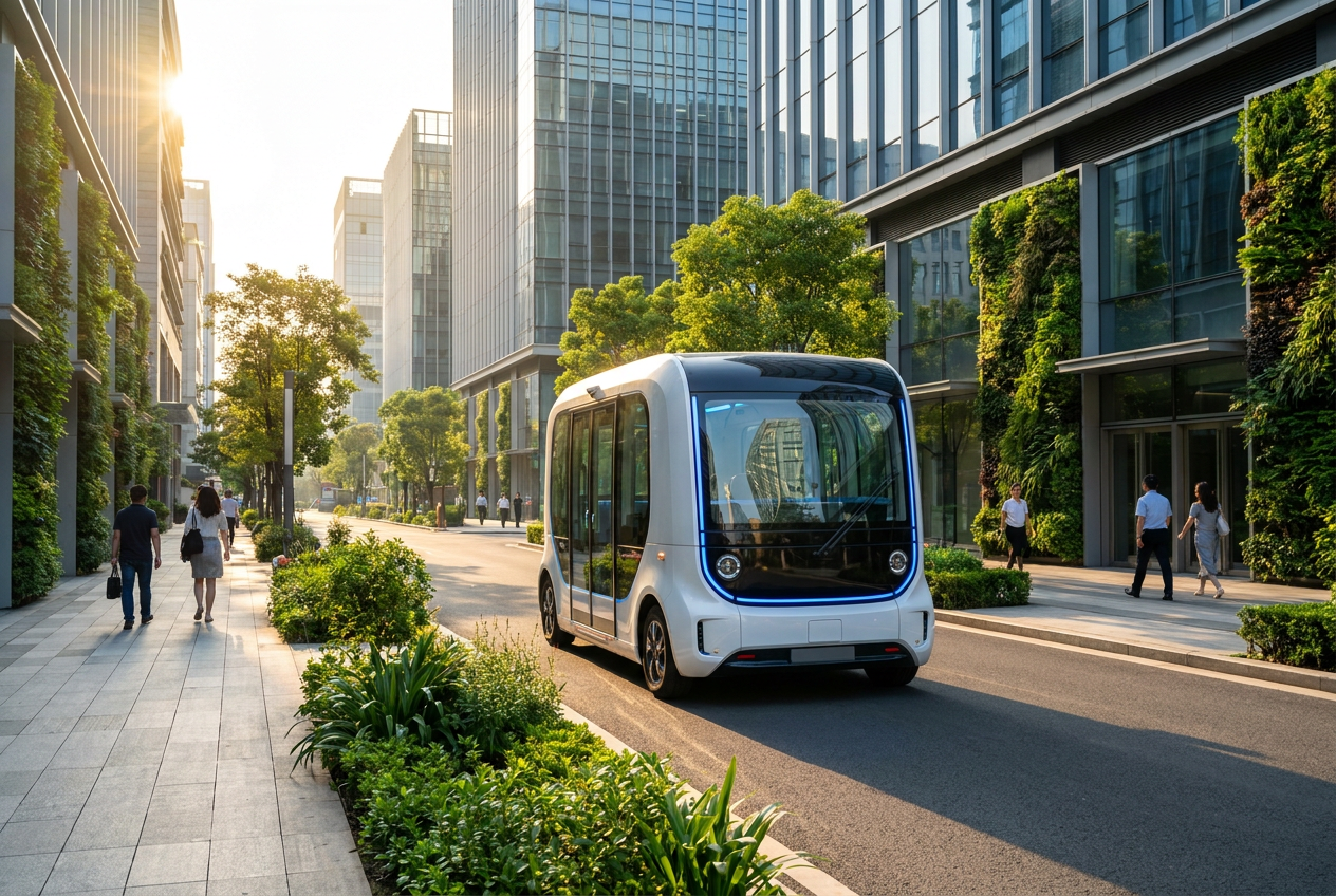 Concepto de autobús autónomo eléctrico moderno circulando por una vía urbana sostenible y tecnológica.